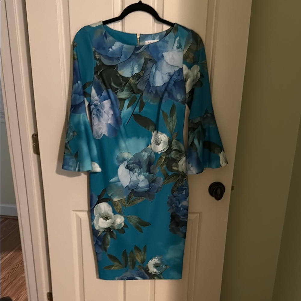 Calvin Klein Blue Sheath Dress with Bell Sleeves